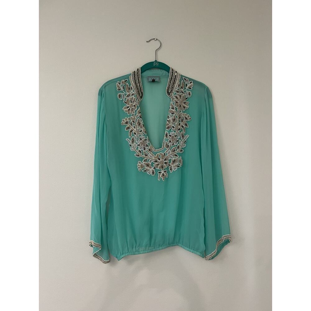 Sabrina Crippa Taj Blue Turquoise Silk Beaded Embroidered Cover Up Sheer Top Sm